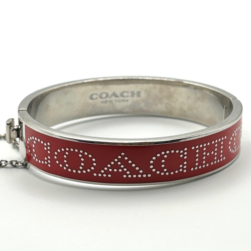 Vintage Coach Red Enamel Logo Bangle Bracelet – Hinged with Safety Chain 7” - Picture 2 of 13